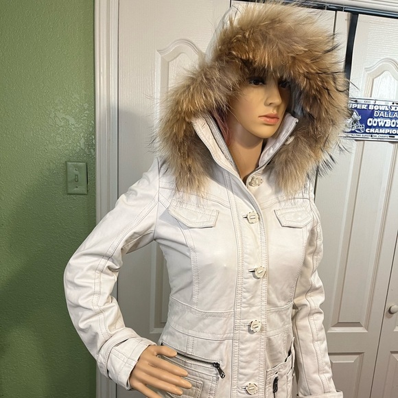 Miss Top Gun Long leather bomber jacket fur lined hooded pinup girl lined size s - Picture 4 of 12